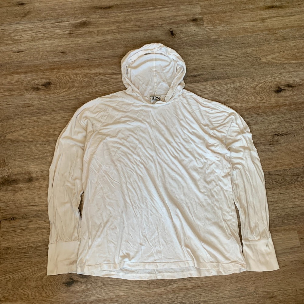 ETERNE Long Sleeve Hooded T-Shirt White Jersey Lightweight Hoodie Tee